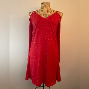 NWT Junior’s, Red Cold Shoulder strappy dress w/large glitter, size small